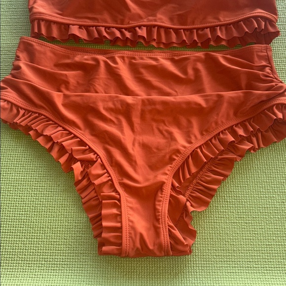 rust orange colored 2 piece bikini with ruffles halter top full coverage bottom - Picture 5 of 10